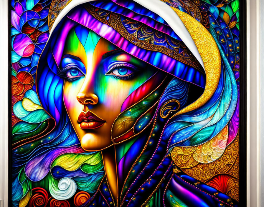 Colorful woman portrait with intricate headpiece and swirling patterns