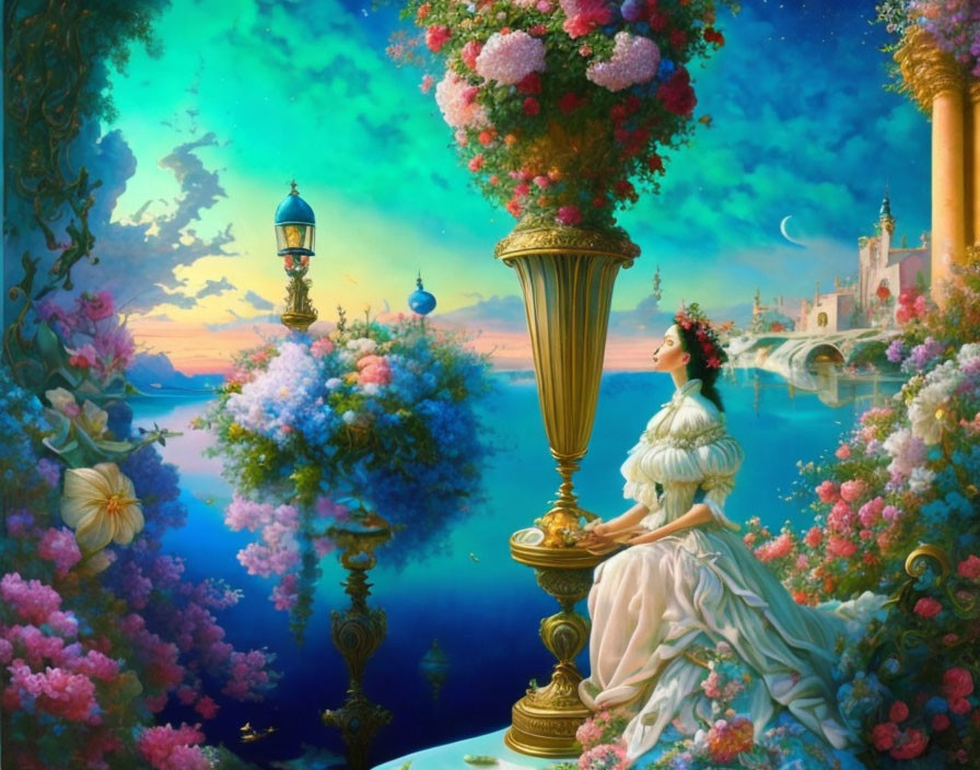 Woman in flowing gown admires magical landscape with colorful flowers and fantastical castle under starry sky.