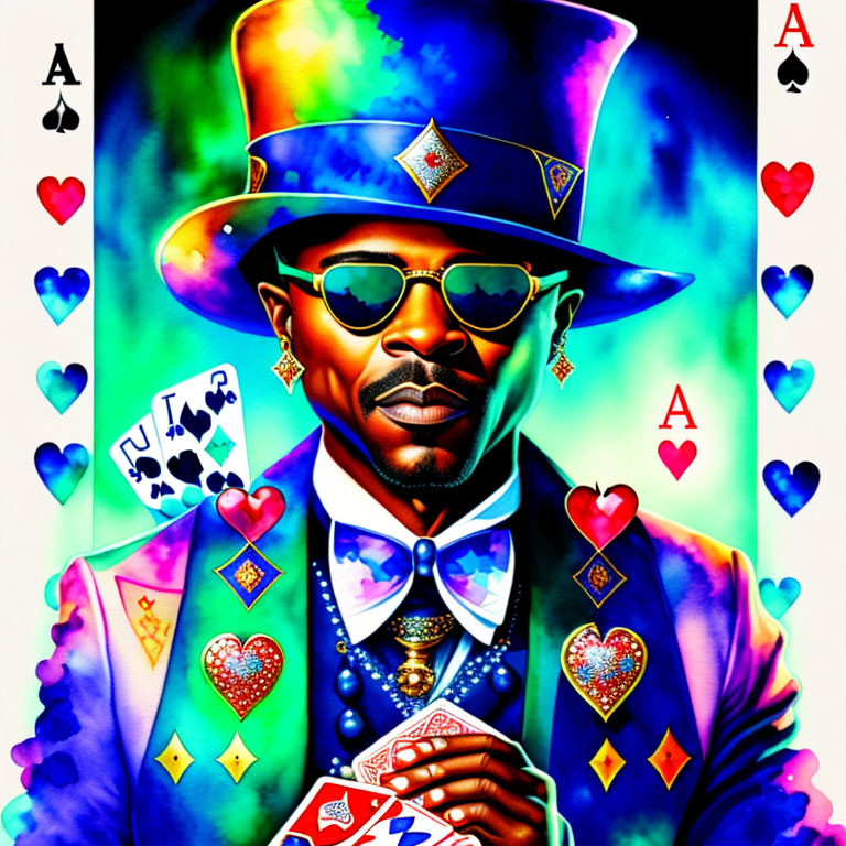 Vibrant illustration of stylish man with playing cards and card suits on psychedelic background