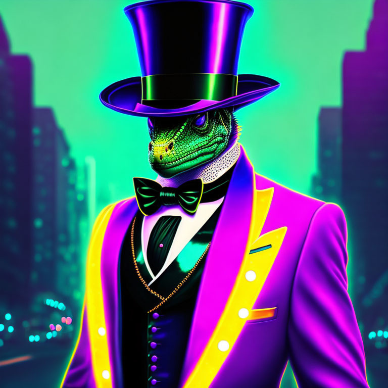 Dapper iguana in suit and top hat against neon cityscape