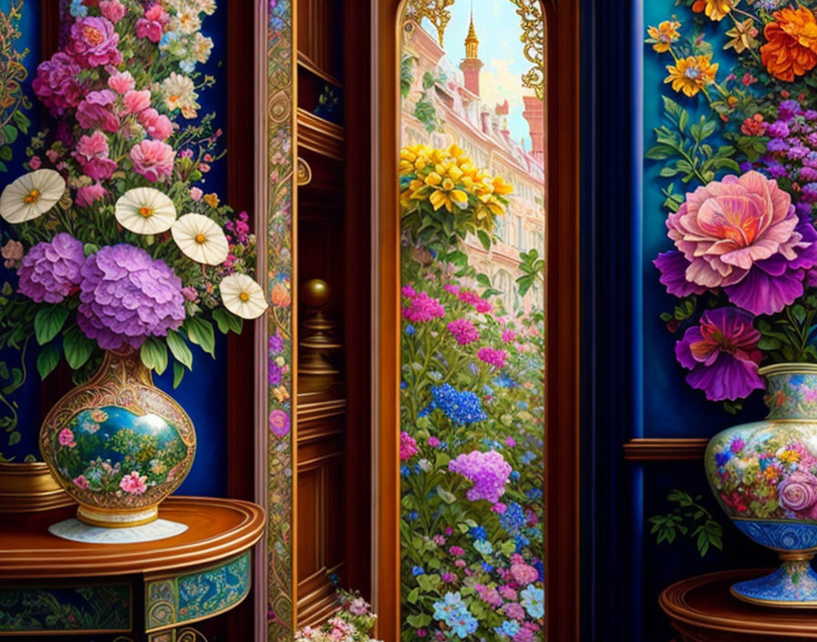 Vibrant floral paintings framed in gold with diverse flowers next to ornate vases