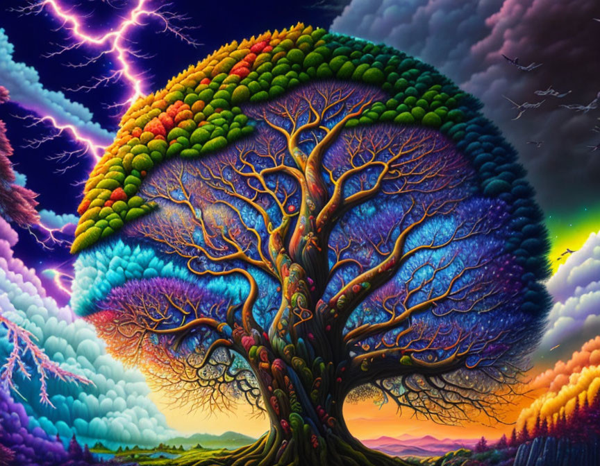 Colorful surreal painting: Tree with brain-like canopy under dynamic sky