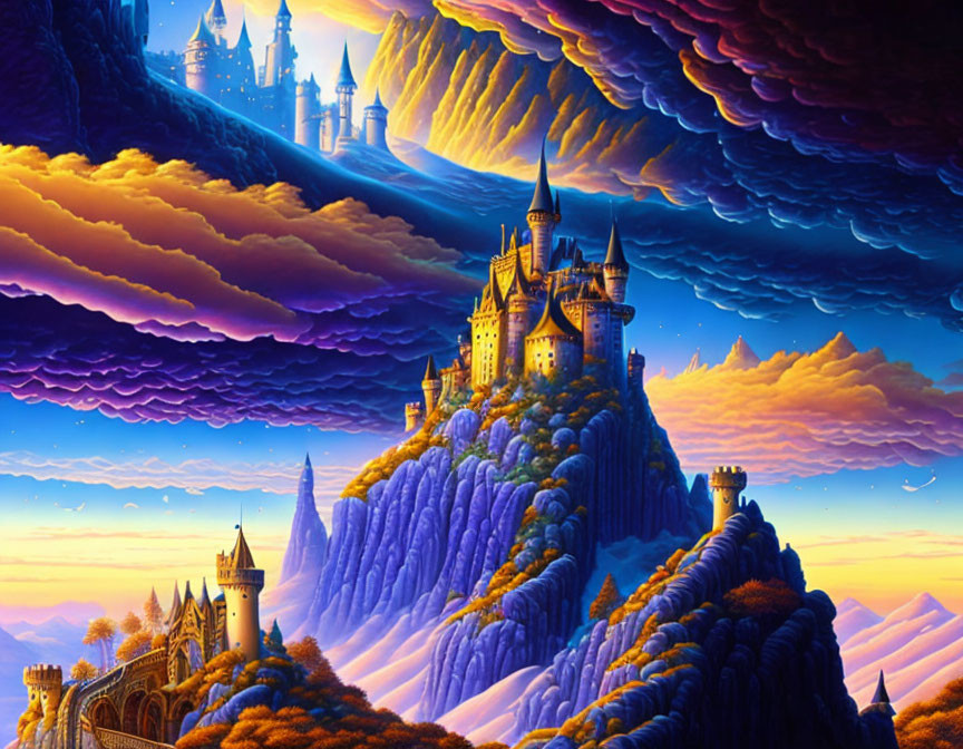 Fantastical landscape with purple mountains and grand castles towering on peaks