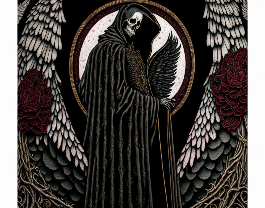 Skeleton figure with wings, scythe, roses, and moon halo.