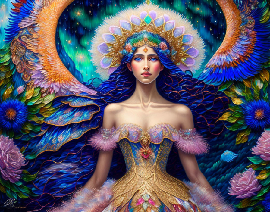 Fantastical portrait featuring woman with peacock feather-like wings, elaborate headgear, colorful floral background