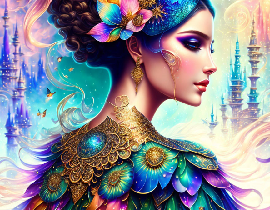Colorful digital art portrait of a woman with gold accessories and castle backdrop