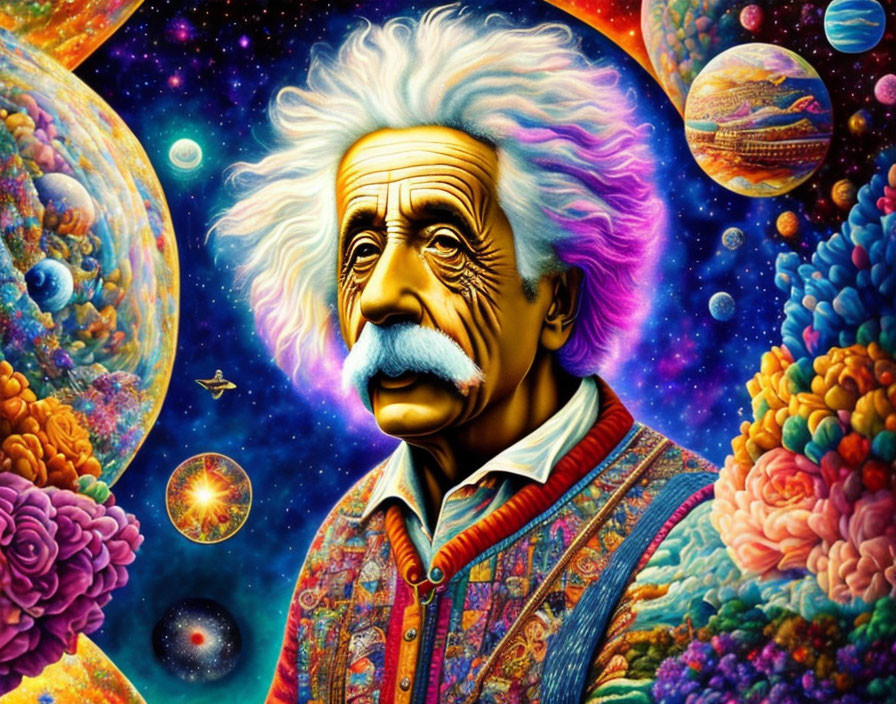 Colorful Portrait of Pensive Man with Wild White Hair in Cosmic Setting