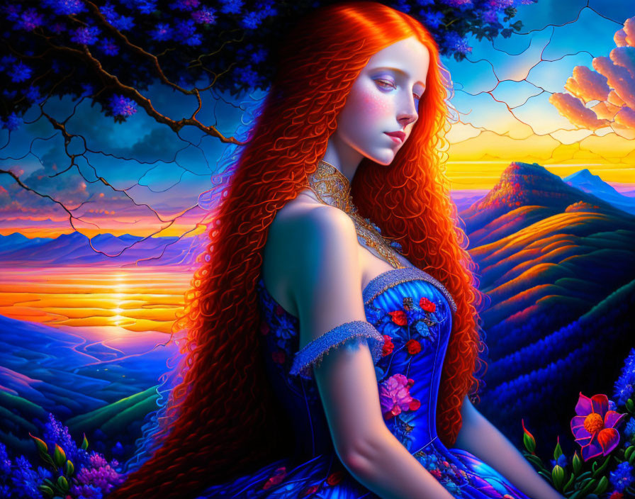 Colorful illustration: Woman with red hair in blue dress admiring vivid sunset scenery