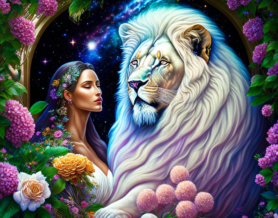 Illustration of woman with white lion in cosmic garden.