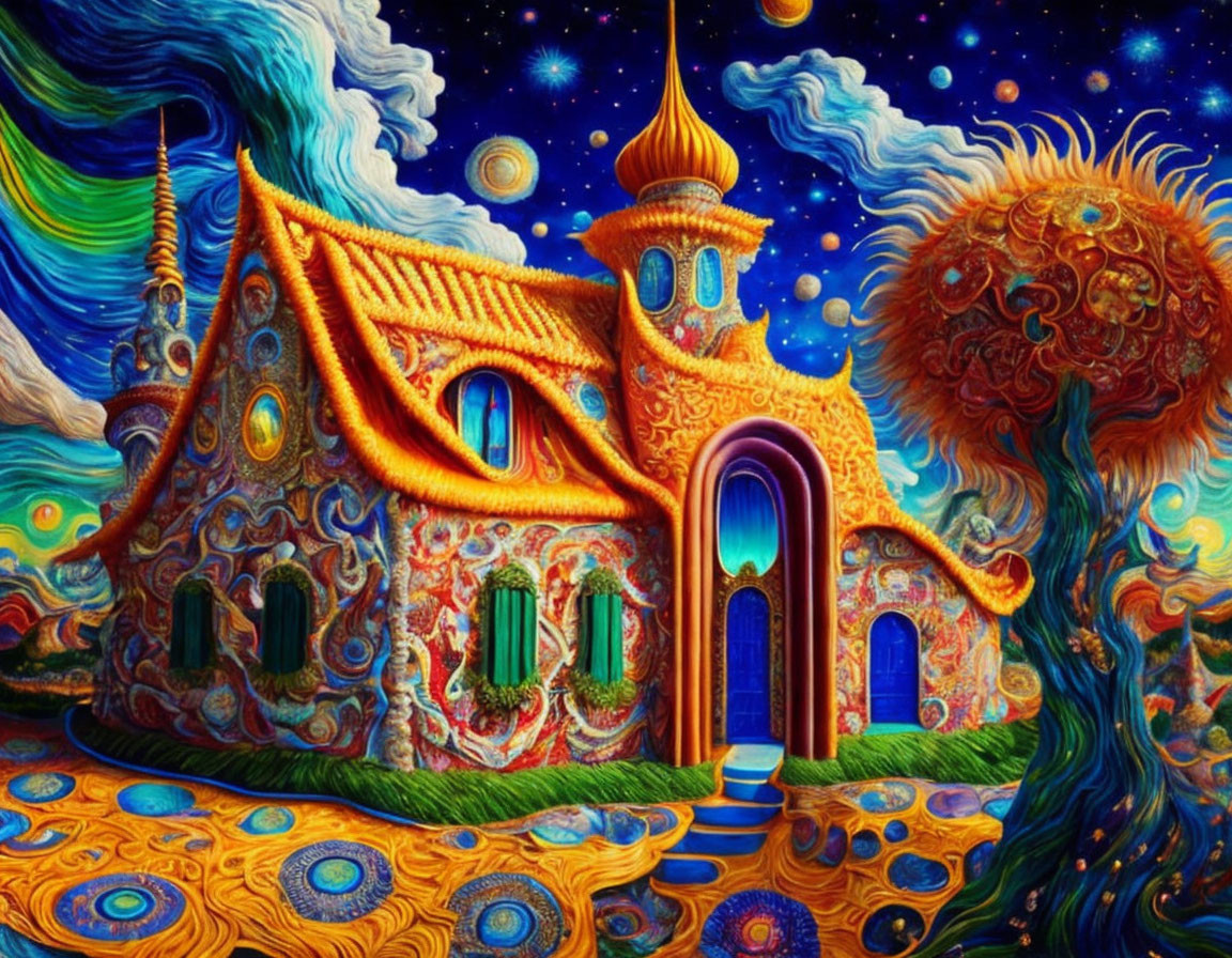 Colorful Psychedelic Artwork: Whimsical Building with Swirling Patterns