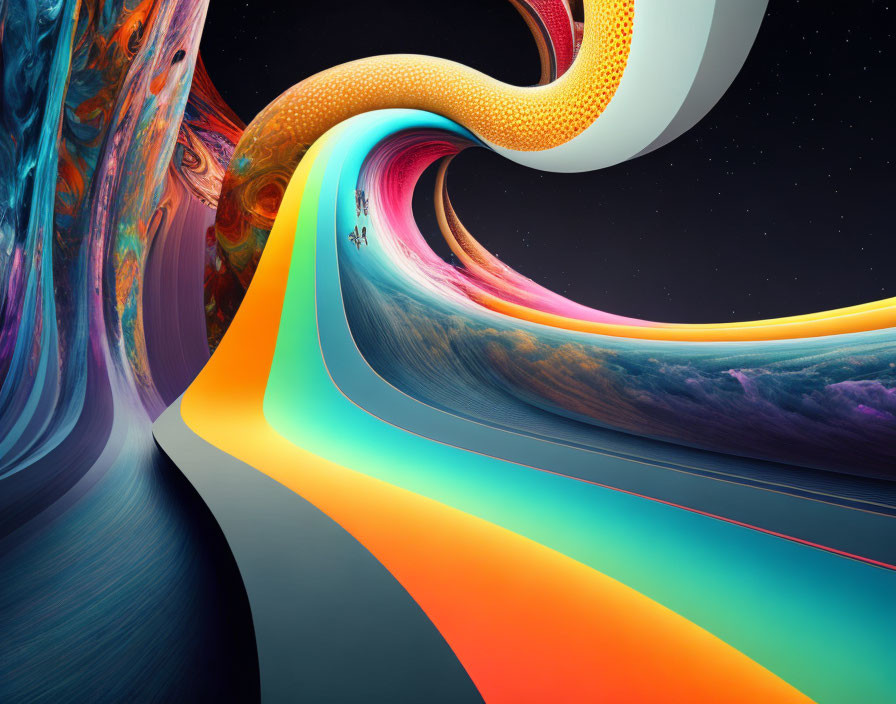 Vibrant abstract digital art: cosmic wavy lines, intricate patterns, surreal landscape.