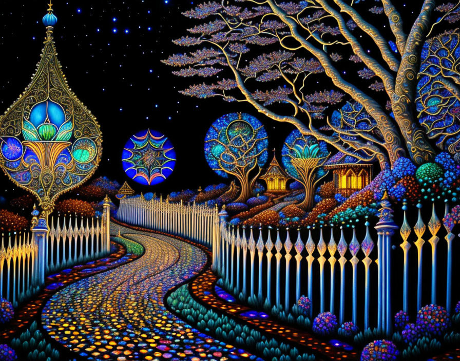 Colorful whimsical night scene with winding path, ornate trees, star-filled sky, and fanc