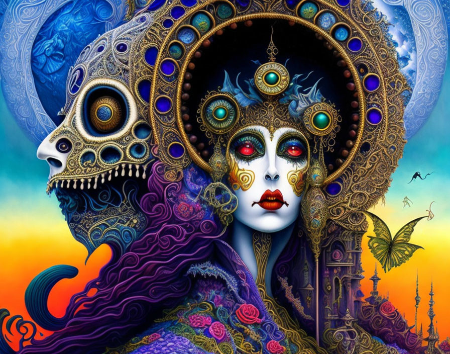 Intricate artwork: Half-skull, half-woman's face with jewels and crown on sunset