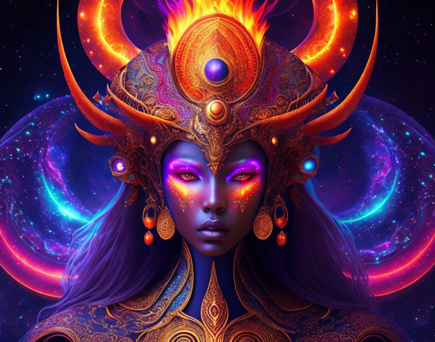 Purple-skinned mystical female with golden headdress on cosmic backdrop