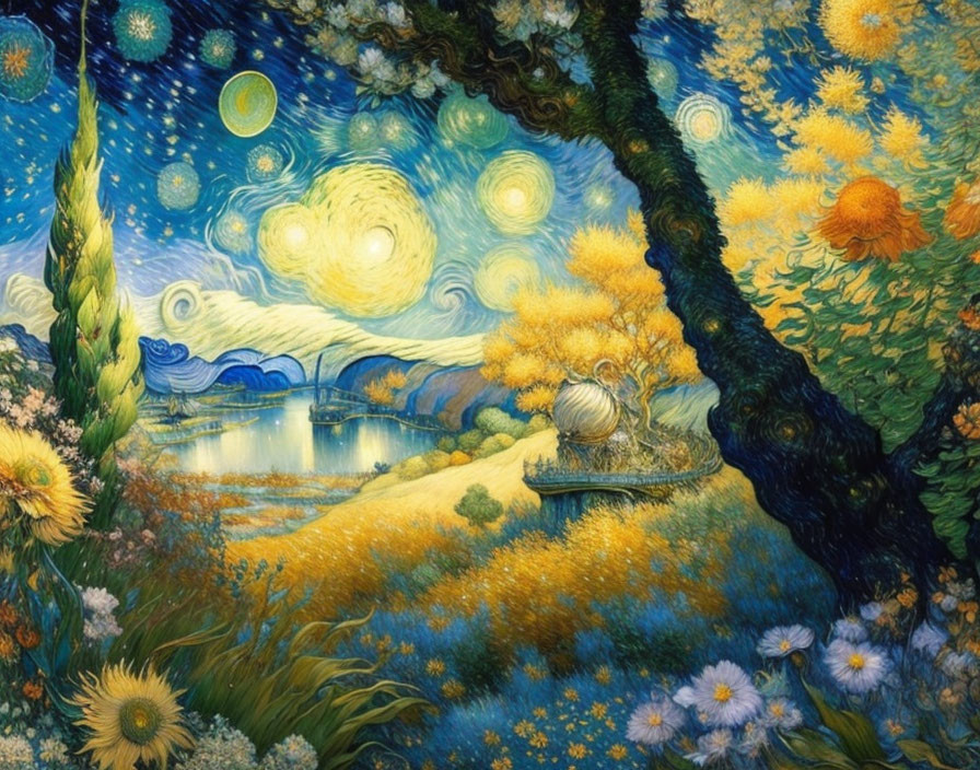 Colorful night sky painting with swirling stars and glowing moon in a meadow.