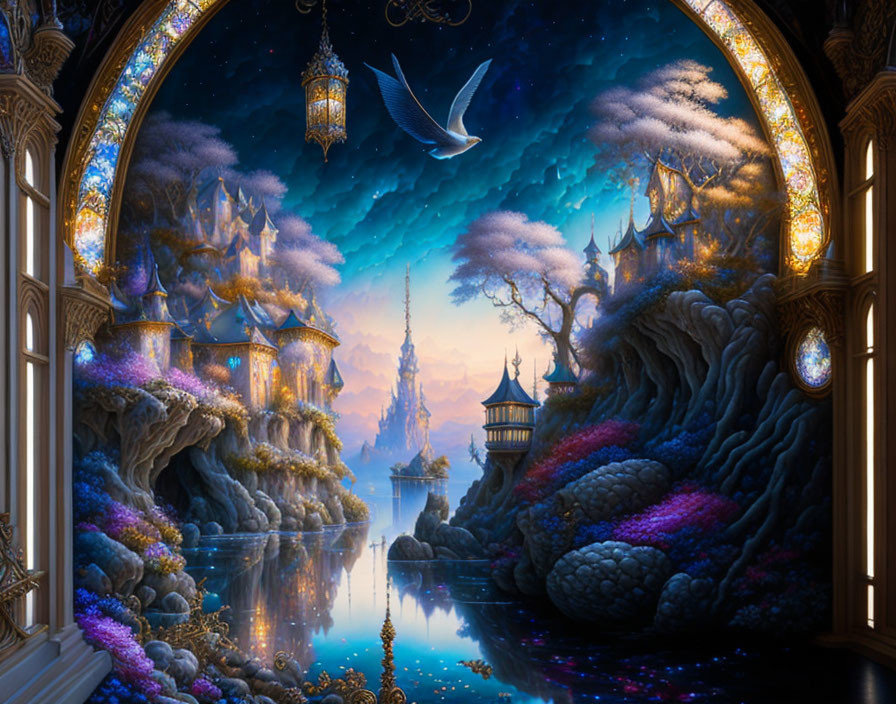 Fantasy landscape with arched window, castles, flora, lake, starry sky, flying