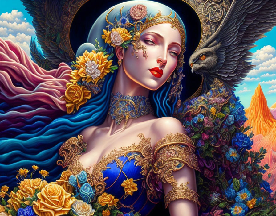 Detailed fantasy illustration: Woman with blue hair, ornate dress, eagle companion, vibrant background