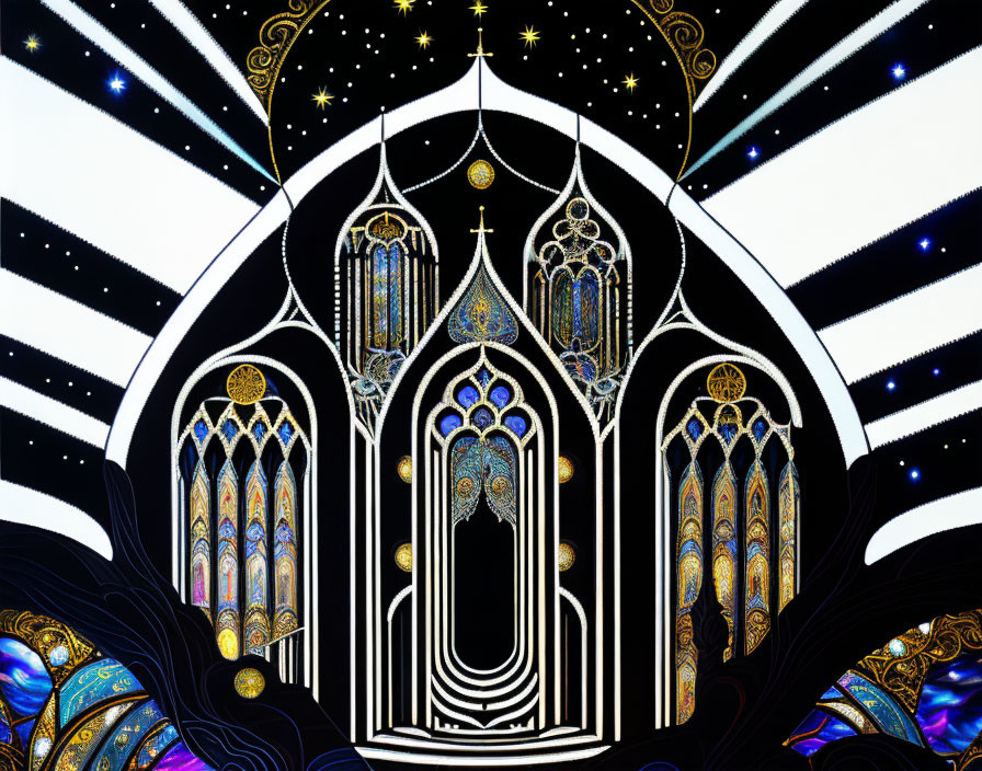 Symmetrical Gothic cathedral interior illustration with cosmic backdrop