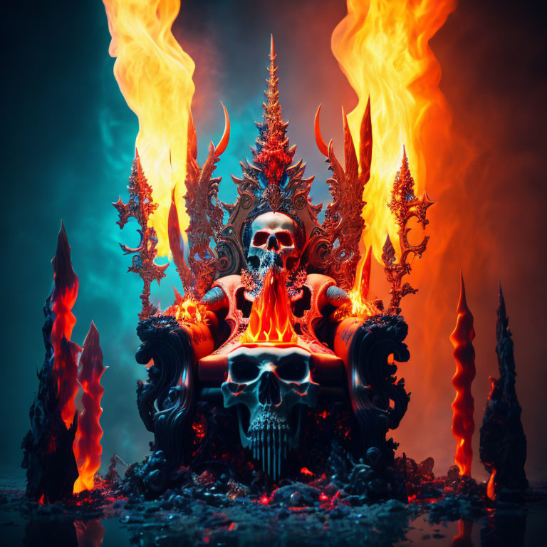 Skull on ornate throne in fiery, mystical setting