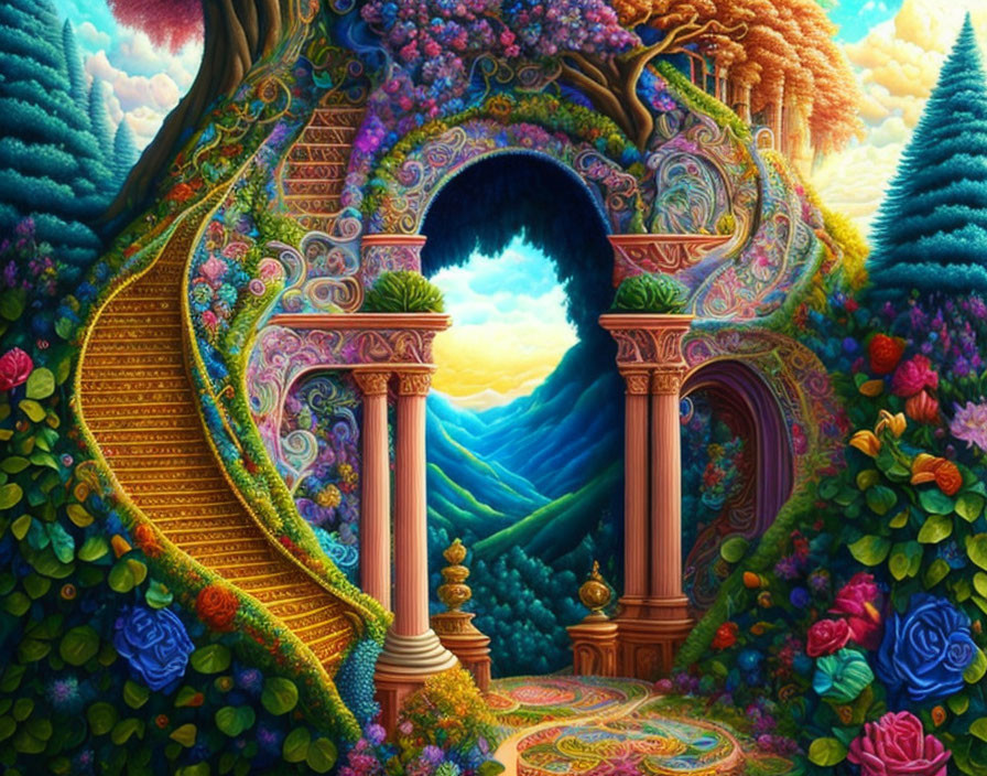 Colorful fantasy landscape with golden staircase, pink columns, vibrant flora, and mesmerizing sunset.