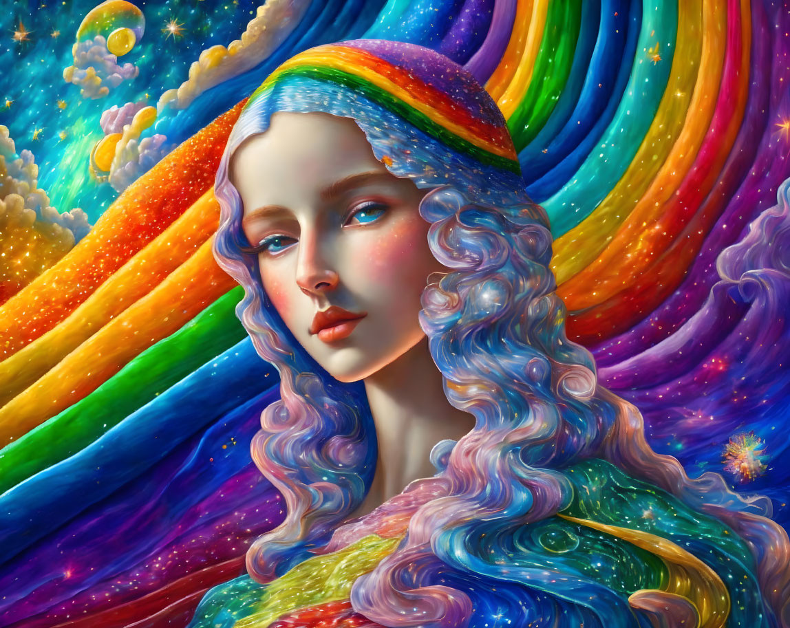 Colorful illustration: Woman with rainbow hair in cosmic setting