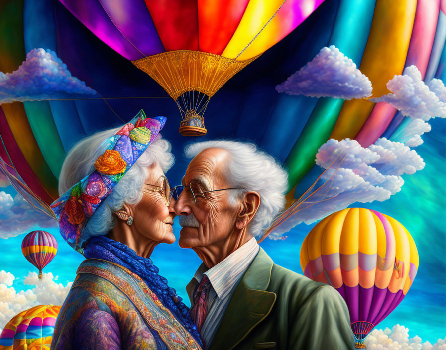 Elderly couple touching noses under vibrant sky