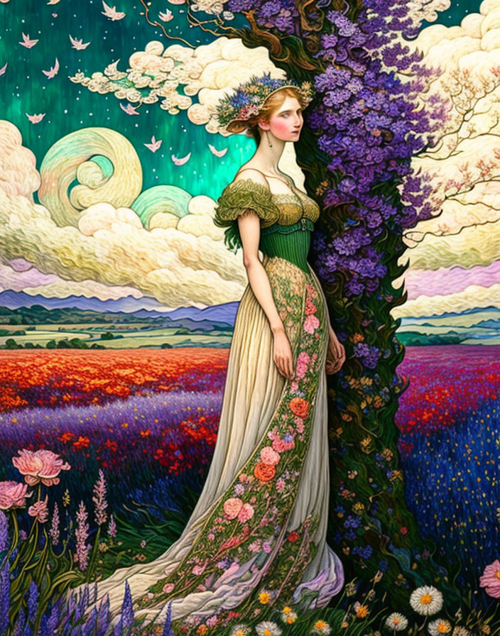 Colorful painting of woman in floral dress by tree in whimsical landscape