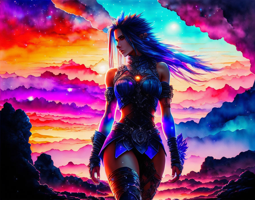 Colorful female warrior artwork against cosmic sky