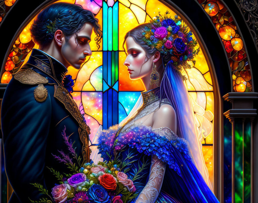 Illustrated couple in regal attire with vibrant stained glass background