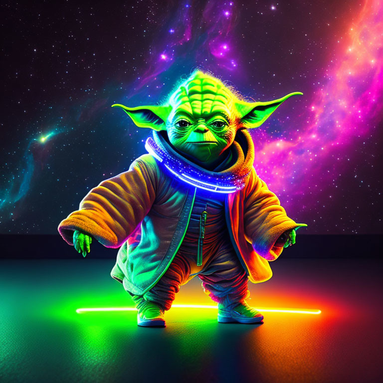 Colorful Yoda character in futuristic outfit against cosmic backdrop