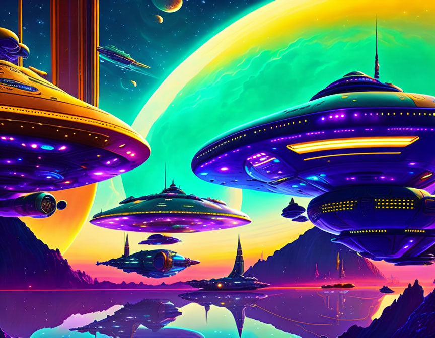 Majestic alien city in vibrant sci-fi landscape