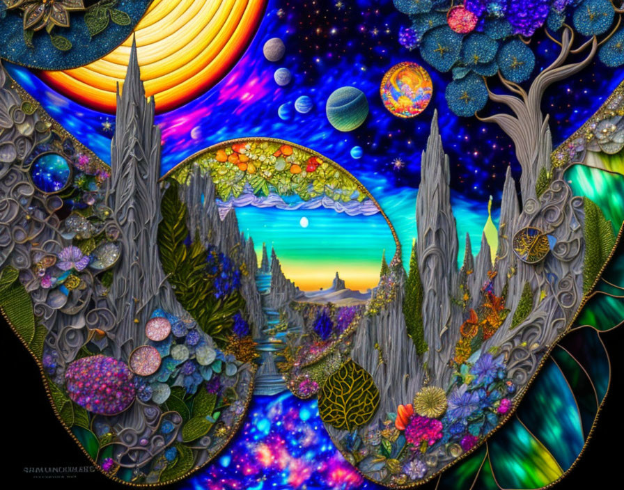 Vivid cosmic landscape with celestial bodies, temple, and surreal trees