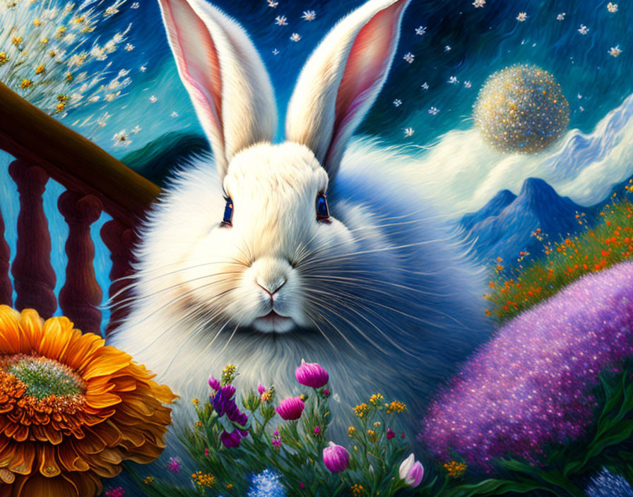 White rabbit in dreamy starry landscape with flowers & comet