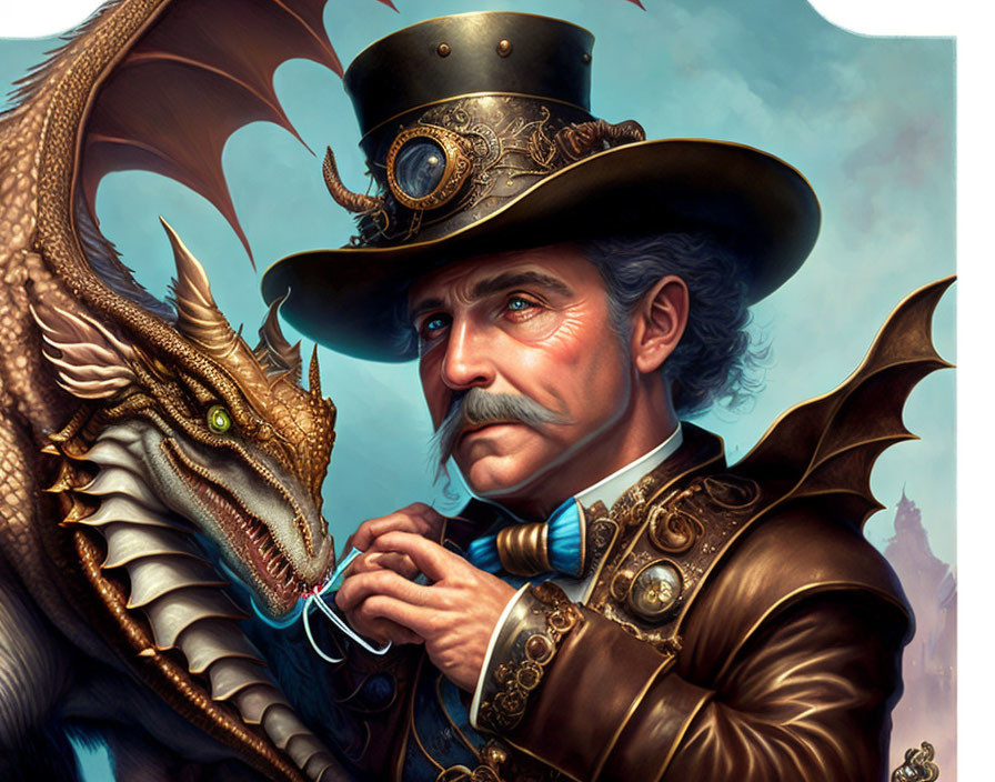 Steampunk-styled man with monocle and dragon in high-fantasy setting