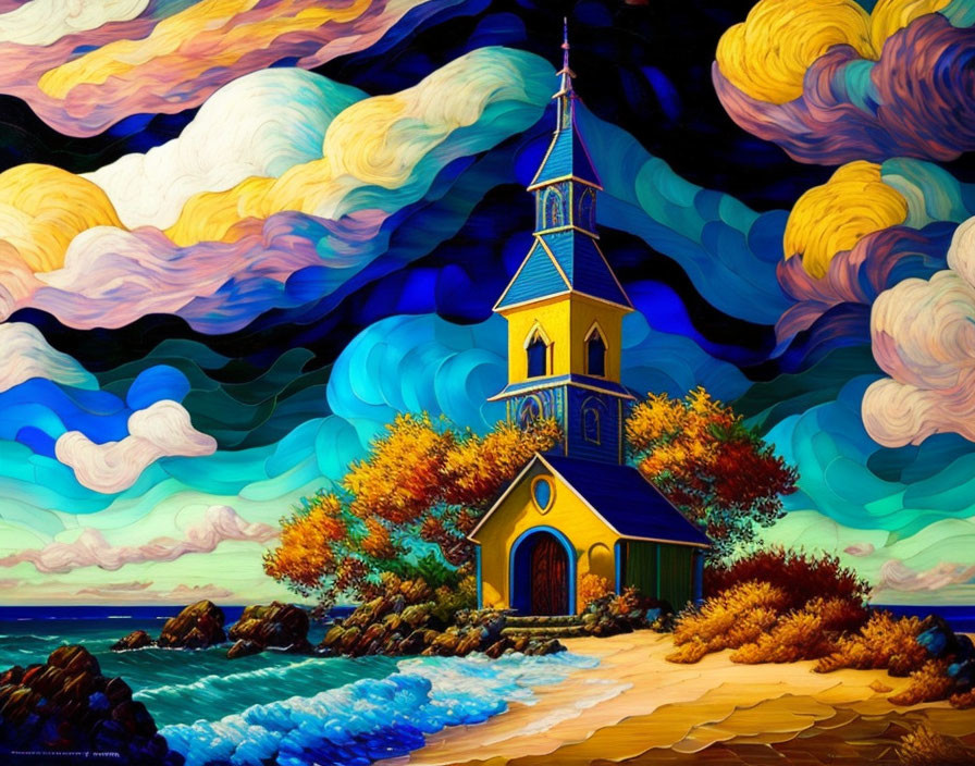 Vibrant stylized painting of church by the sea under dramatic sky