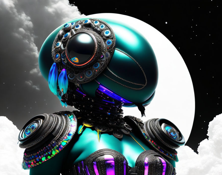 Intricate futuristic robot design with moon and stars backdrop