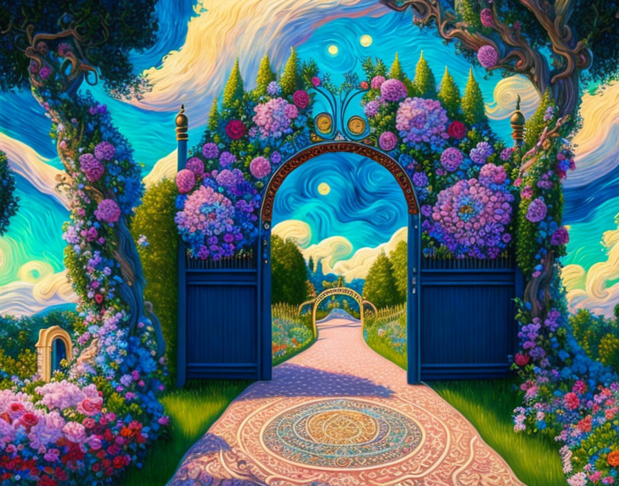 Vibrant garden with ornate gate, floral arches, and surreal starry sky landscape