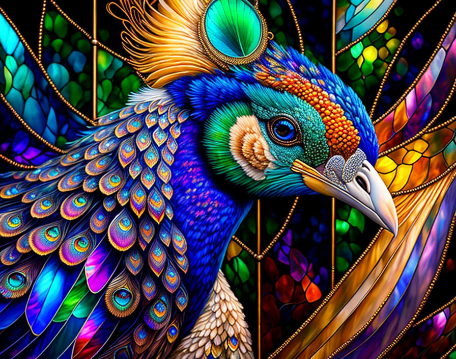 Colorful Peacock Illustration with Stained-Glass Patterns