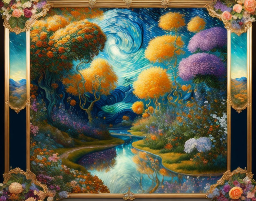 Colorful Framed Painting of Whimsical Landscape with Swirling Skies