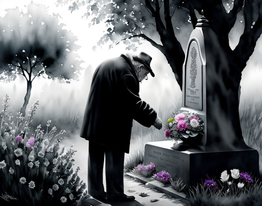 Elderly person at gravestone with flowers in monochromatic scene