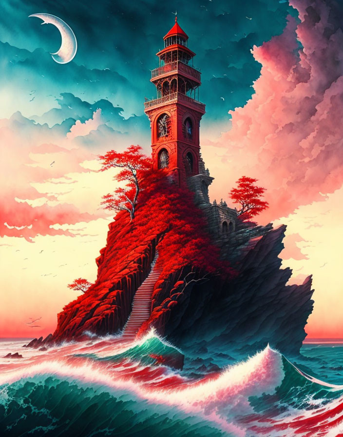 Lighthouse illustration on rocky cliff with red foliage, crescent moon, dynamic waves, crimson sky