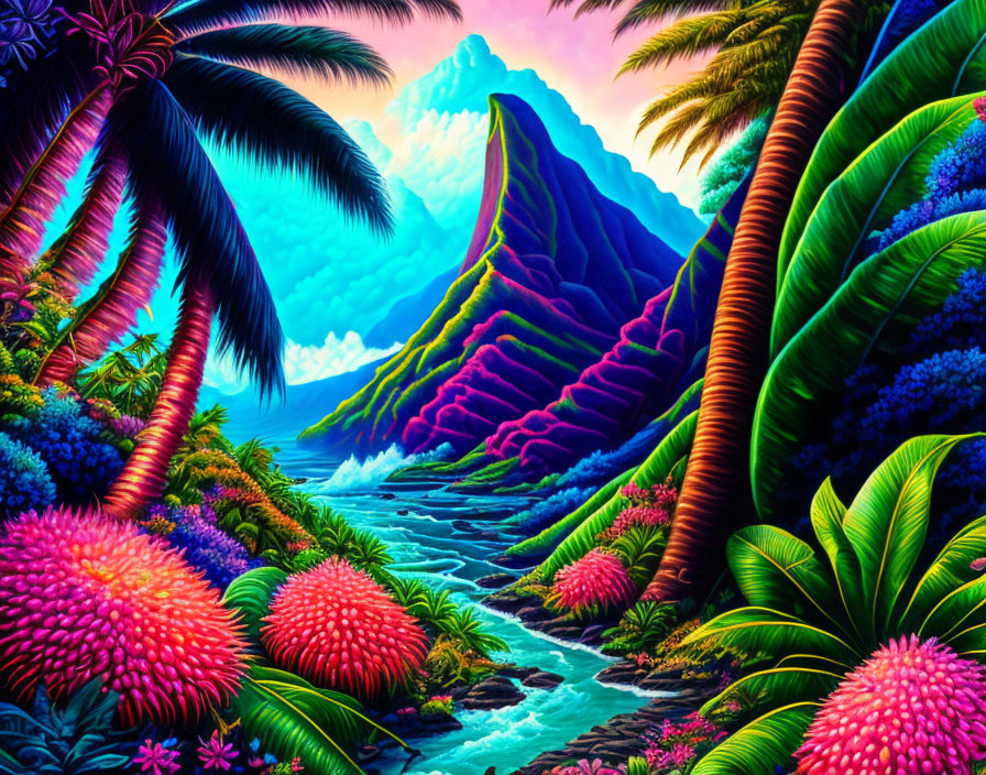 Colorful Tropical Landscape with Palm Trees, Meandering River, and Purple Mountain under Pink and Blue Sky