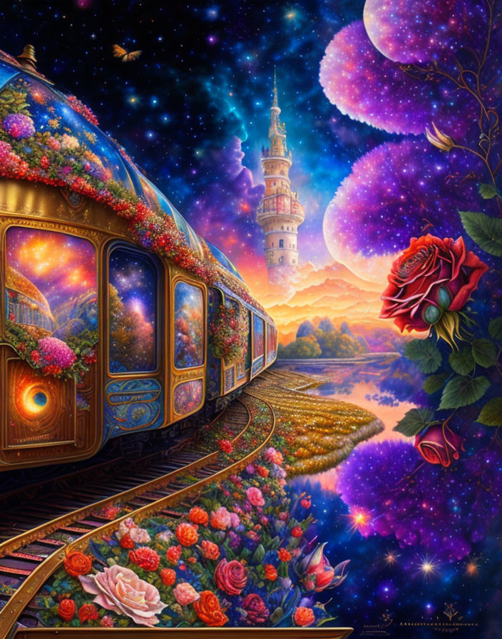 Fantastical painting: Starry sky, ornate train, mountain castle, roses, glowing sunset