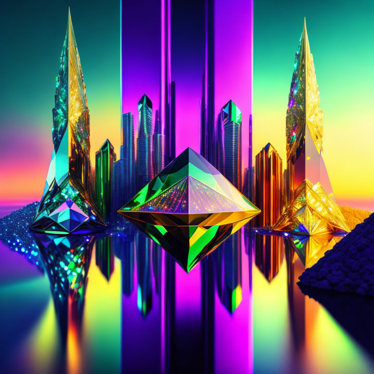 Digital art: Mirrored crystal structures in neon-lit cityscape at sunset