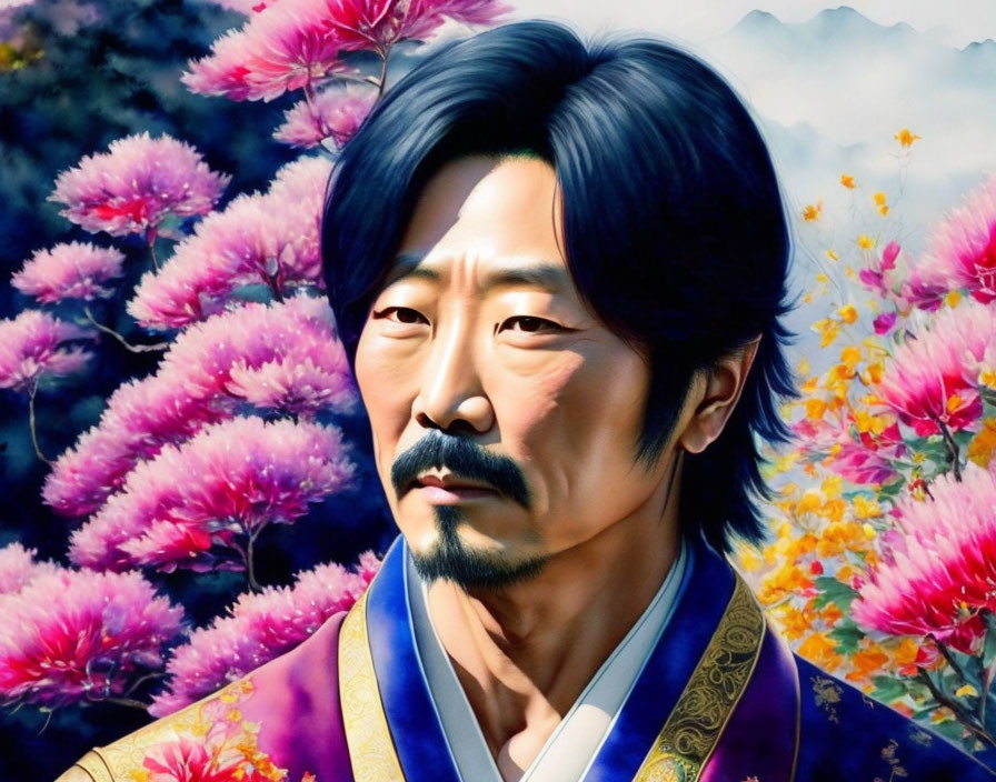 Man in East Asian attire with mustache and beard, surrounded by vibrant flowers