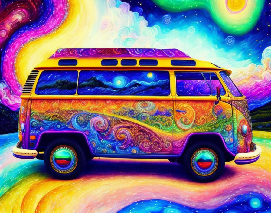 Colorful Psychedelic Volkswagen Van Illustration with Swirling Patterns