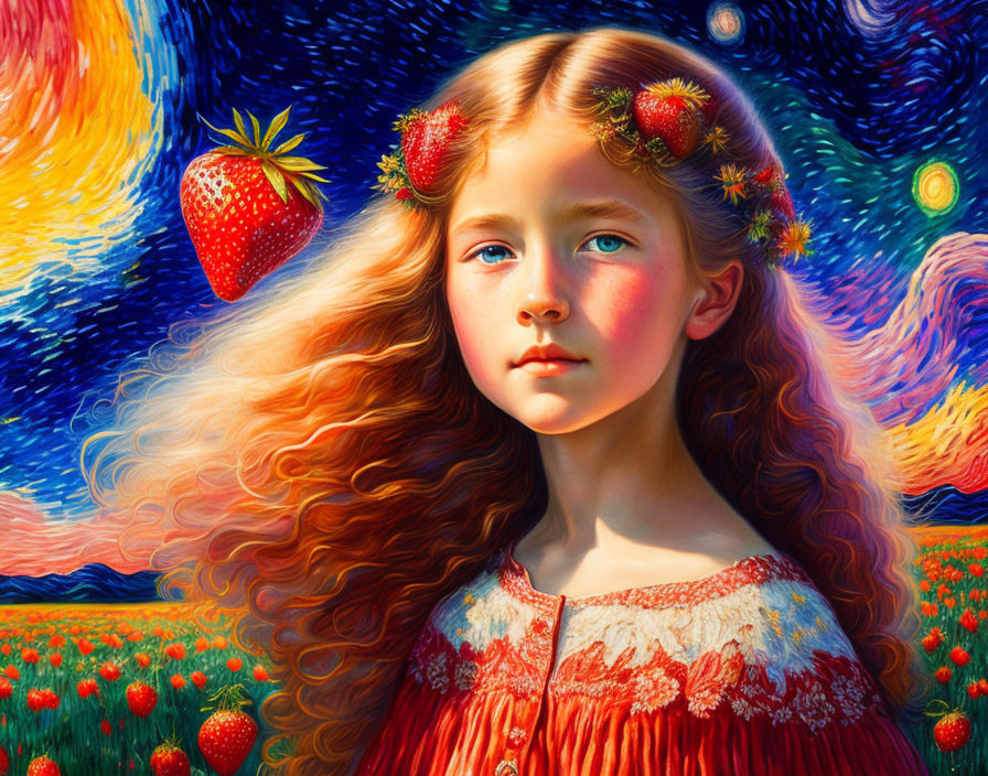 Young girl with red hair in floral crown in vibrant strawberry field under Van Gogh-inspired sky