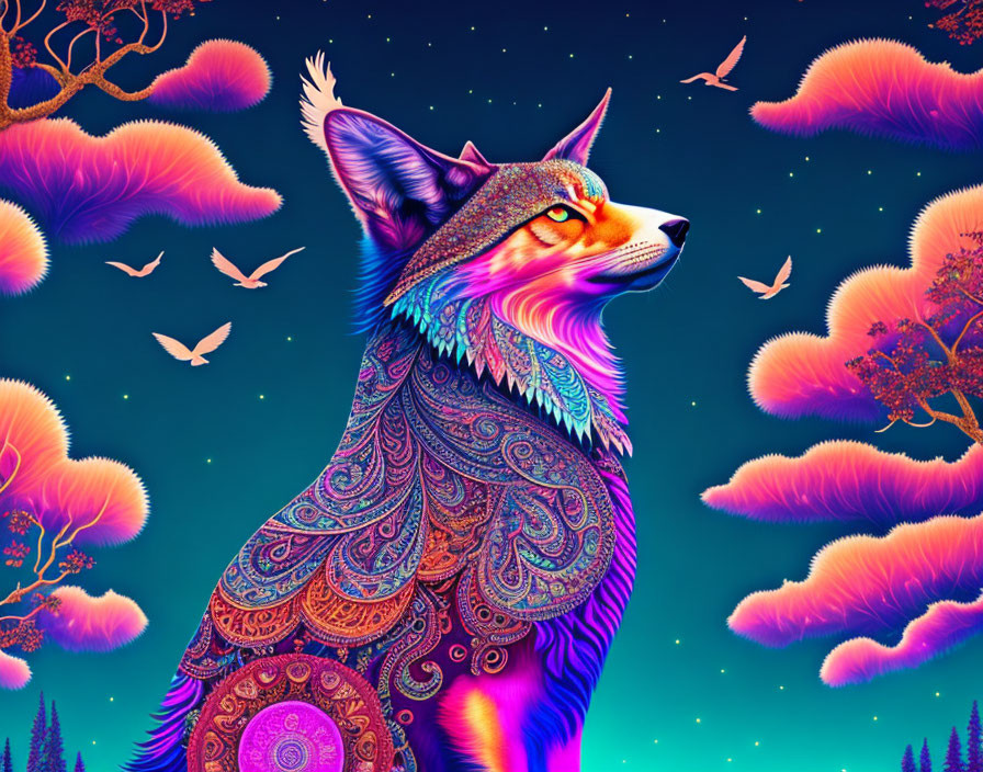 Colorful Digital Artwork: Multicolored Fox in Cosmic Landscape