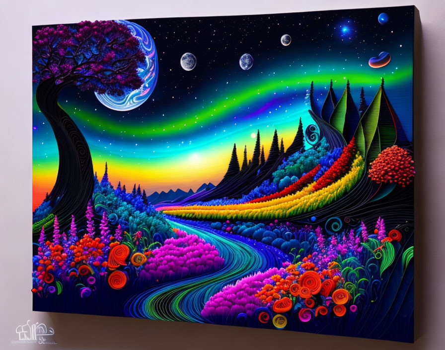 Colorful Fantastical Landscape Painting with Night Sky, Planets, Tree, and Floral Hills