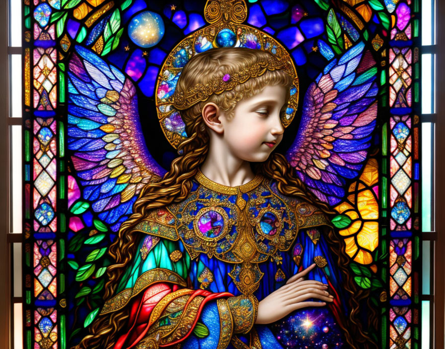 Stained-glass window featuring angelic figure with vibrant wings and cosmic backdrop